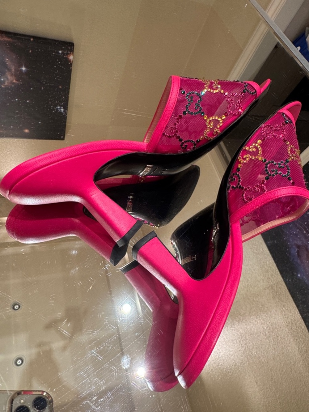 Gucci GG Monogram Demi Rhinestone Crystal Mesh Mules Heels - Picture 6 of 8